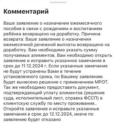 Пример сообщения из СФР о запросе дополнительных документов по алиментам