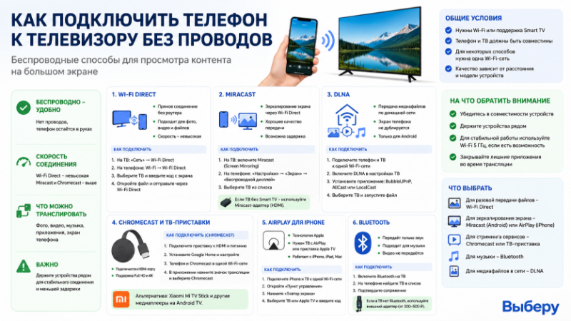 Как подключить телефон к телевизору без проводов