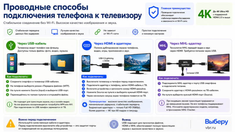 Проводные способы подключения телефона к телевизору