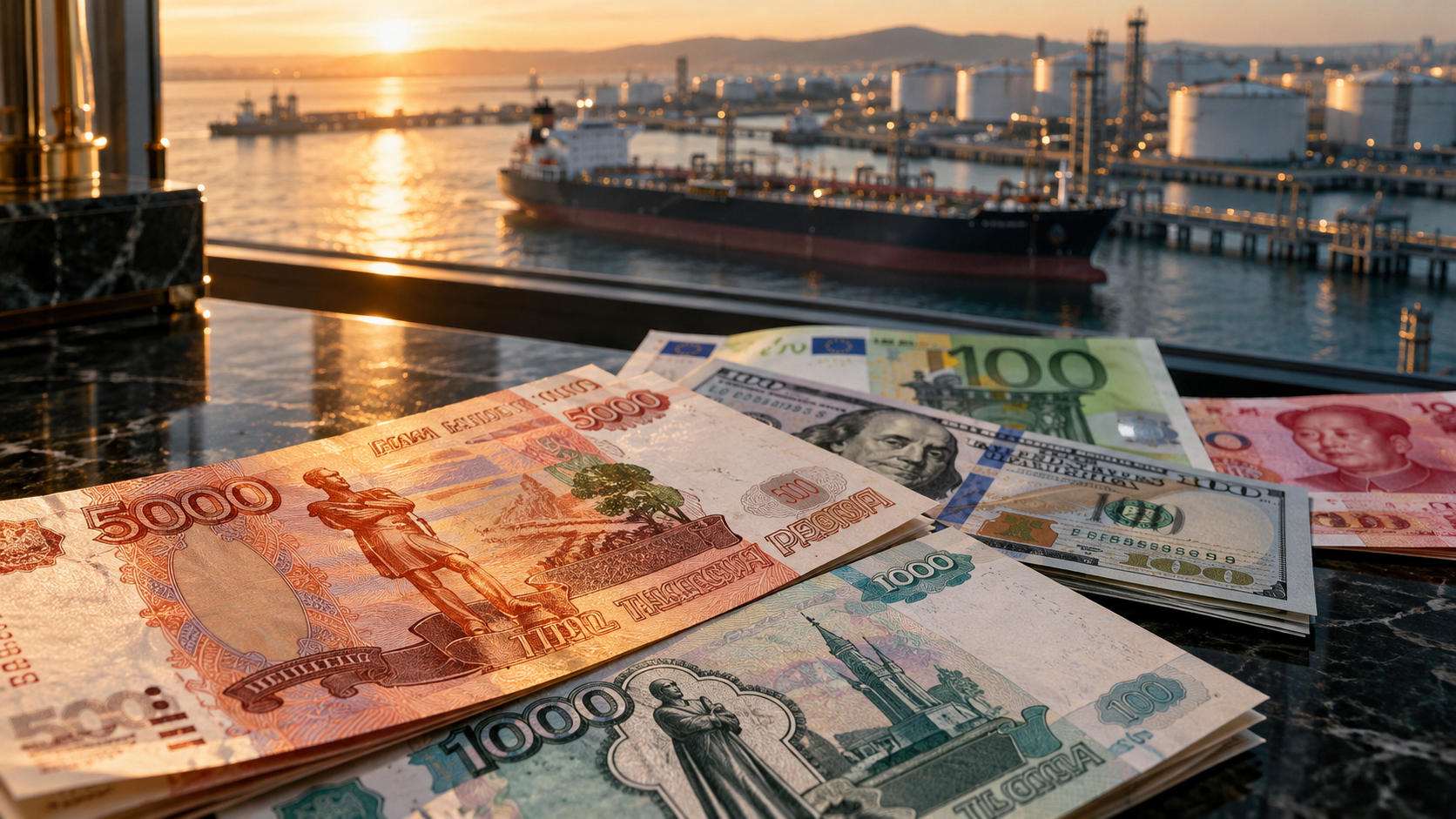 Рубль и иностранные валюты у нефтяного порта Рубль и иностранные валюты у нефтяного порта