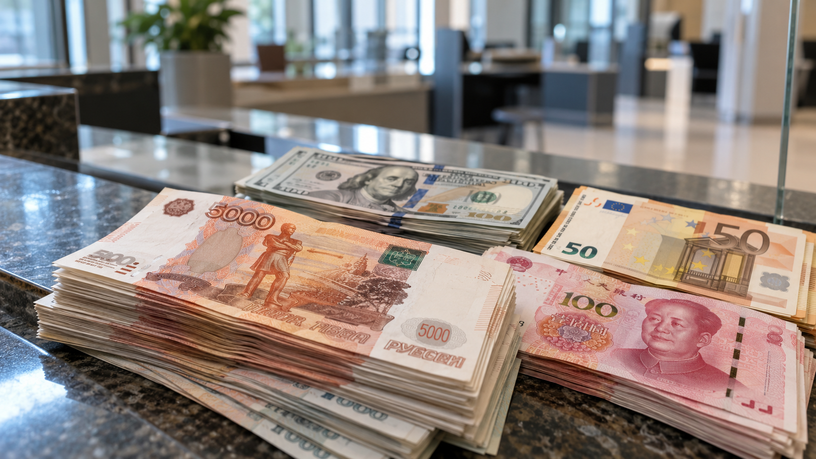 Рубли и иностранная валюта на стойке Рубли и иностранная валюта на стойке